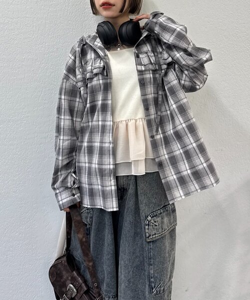 w closet(ダブルクローゼット)の「【25AW】チェックフリルフーディーシャツ(シャツ/ブラウス・レディース・グリーン/レッド/ブラック・0/1)」の7枚目の写真