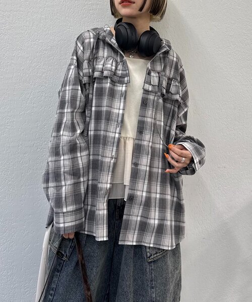 w closet(ダブルクローゼット)の「【25AW】チェックフリルフーディーシャツ(シャツ/ブラウス・レディース・グリーン/レッド/ブラック・0/1)」の8枚目の写真