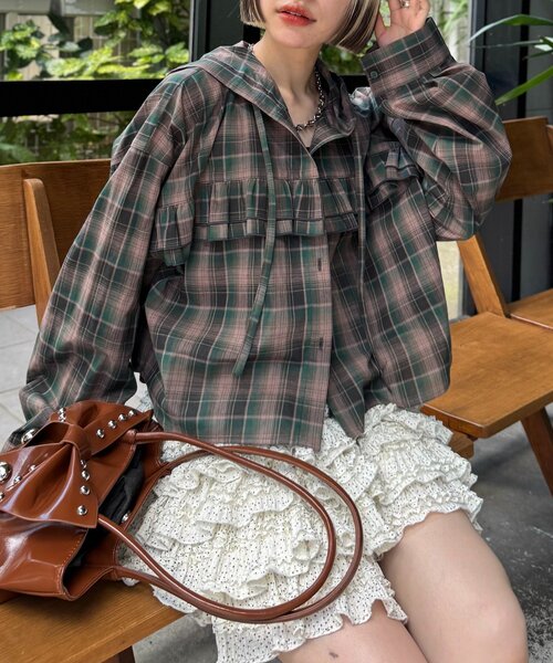 w closet(ダブルクローゼット)の「【25AW】チェックフリルフーディーシャツ(シャツ/ブラウス・レディース・グリーン/レッド/ブラック・0/1)」の19枚目の写真