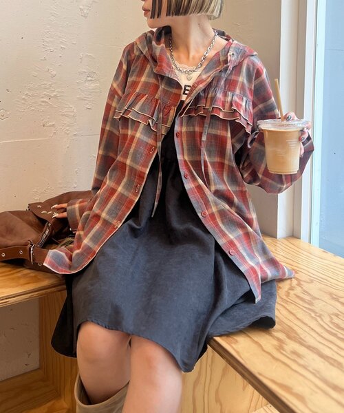 セール】【25AW】チェックフリルフーディーシャツ（シャツ/ブラウス