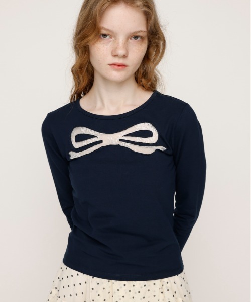 SLY(スライ)の「RIBBON LACE TOPS リボン レース トップス 秋服 冬服(Tシャツ/カットソー・レディース・ネイビー/ライトピンク/ブラック・FREE)」の3枚目の写真