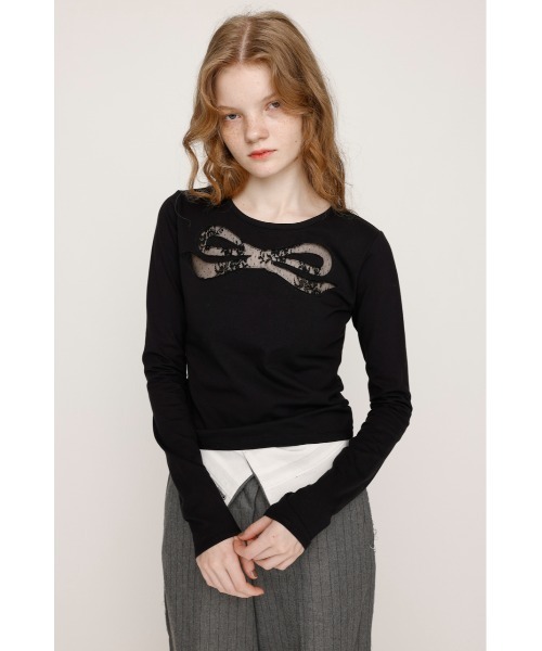 SLY(スライ)の「RIBBON LACE TOPS リボン レース トップス 秋服 冬服(Tシャツ/カットソー・レディース・ネイビー/ライトピンク/ブラック・FREE)」の5枚目の写真