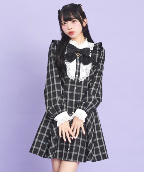 Secret Honey(シークレットハニー)の「アクセサリーリボンレースフリルワンピース(ワンピース・レディース・ブラックミックス/グレー/ブラック・MEDIUM)」の2枚目の写真