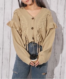 《レースアップ×袖フリル》レディース ニットカーディガン ショート丈 秋冬