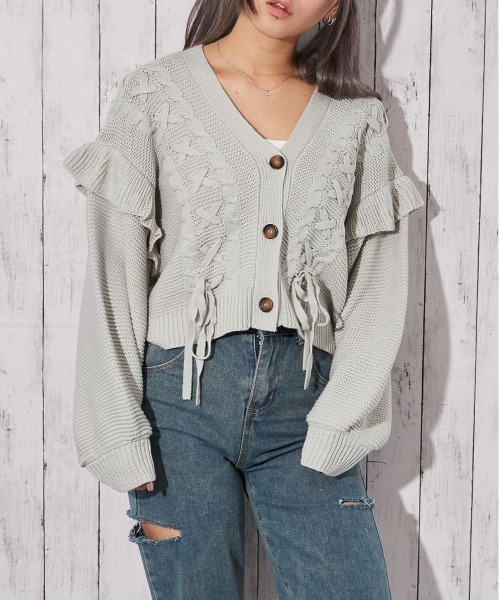 セール】《レースアップ×袖フリル》レディース ニットカーディガン
