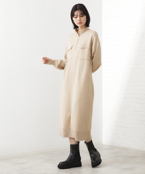 THE SHOP TK (ザ ショップ ティーケー )の「1枚でこなれ見え ハーフZIPワンピース【毛玉になりにくい/静電気防止/洗濯機OK】(ワンピース・レディース・スミクロ/ライトベージュ・13/12)」の2枚目の写真