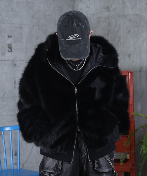 AW クロスモチーフ ストレートファー フーディーブルゾン メンズ