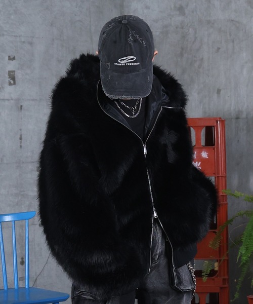 AW クロスモチーフ ストレートファー フーディーブルゾン メンズ