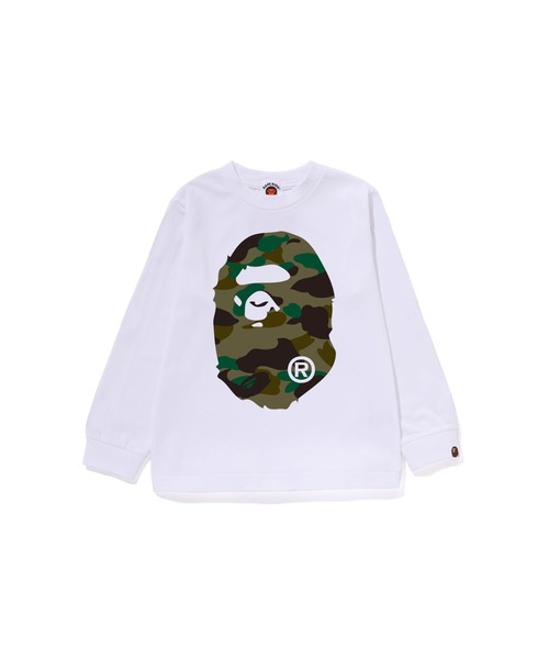 A BATHING APE(アベイシングエイプ)の「1ST CAMO BIG APE HEAD LS TEE(Tシャツ/カットソー・キッズ・ホワイト×グリーン/ブラック×イエロー/ブラック×グリーン/ホワイト×イエロー・90/110/140/130/100)」の1枚目の写真