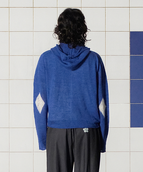 UNALLOYED（アナロイド）の「アーガイルエルボニットジップアップフード / ブルー（パーカー・メンズ・その他・MEDIUM/LARGE）」の3枚目の写真