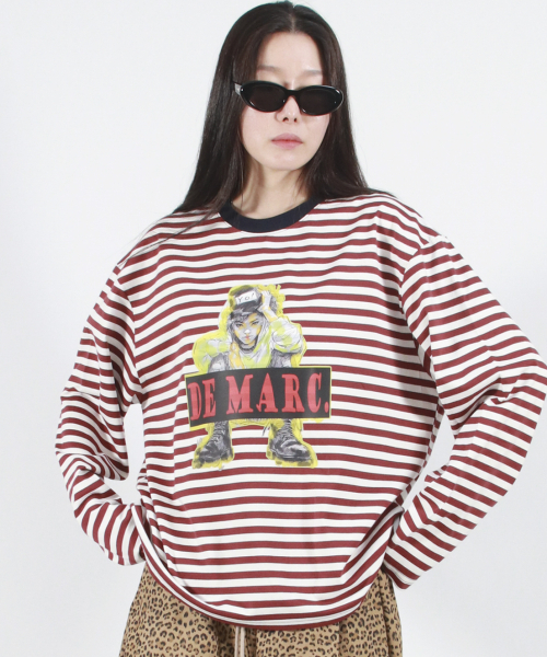 DEMARC(ドゥマーク)の「STREET BOY STRIPE LOOSE FIT LONG SLEEVE - Burgundy(Tシャツ/カットソー・レディース・その他・MEDIUM/LARGE)」の2枚目の写真