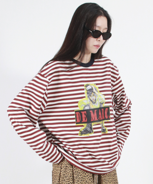 DEMARC(ドゥマーク)の「STREET BOY STRIPE LOOSE FIT LONG SLEEVE - Burgundy(Tシャツ/カットソー・レディース・その他・MEDIUM/LARGE)」の3枚目の写真
