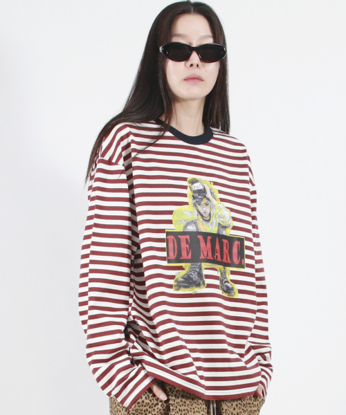 DEMARC(ドゥマーク)の「STREET BOY STRIPE LOOSE FIT LONG SLEEVE - Burgundy(Tシャツ/カットソー・レディース・その他・MEDIUM/LARGE)」の4枚目の写真