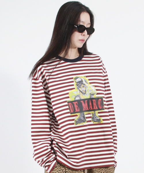 DEMARC(ドゥマーク)の「STREET BOY STRIPE LOOSE FIT LONG SLEEVE - Burgundy(Tシャツ/カットソー・レディース・その他・MEDIUM/LARGE)」の5枚目の写真