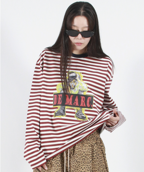 DEMARC(ドゥマーク)の「STREET BOY STRIPE LOOSE FIT LONG SLEEVE - Burgundy(Tシャツ/カットソー・レディース・その他・MEDIUM/LARGE)」の6枚目の写真
