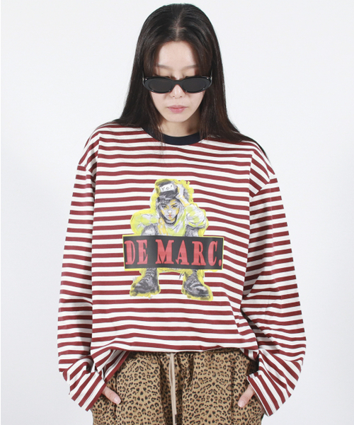 DEMARC(ドゥマーク)の「STREET BOY STRIPE LOOSE FIT LONG SLEEVE - Burgundy(Tシャツ/カットソー・レディース・その他・MEDIUM/LARGE)」の11枚目の写真