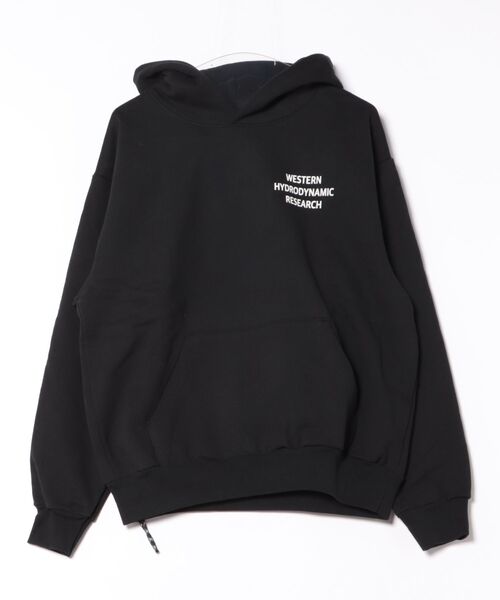 WESTERN HYDRODYNAMIC RESEARCH（ウェスタンハイドロダイナミックリサーチ）の「【Western Hydrodynamic Research/ウェスタン ハイドロダイナミック リサーチ】WORKER HOODIE　US 同色プリント　プルオーバーパーカー　バックプリント　ワンポイント　ブランドロゴ　刺繍（パーカー・メンズ・ブラック/ネイビー・LARGE/MEDIUM）」の3枚目の写真