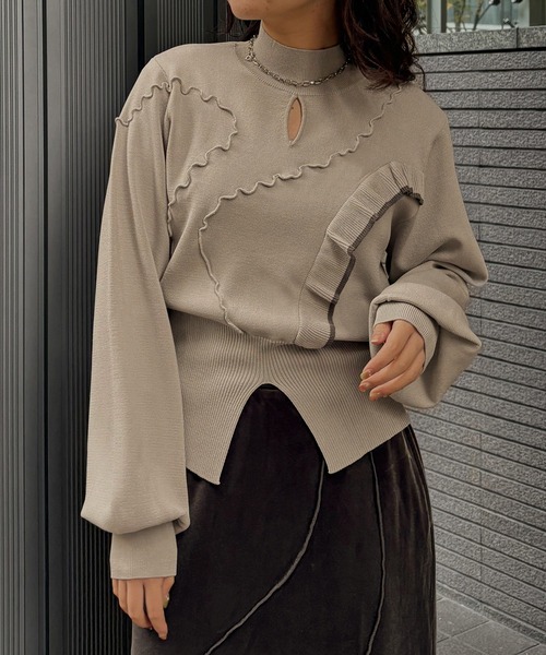 &g'aime(アンジェム)の「【&g'aime 】メロー×ラッフルMIXニット Lettuce-Edge Ruffle Mix Knit(ニット/セーター・レディース・ブラック/グレイッシュベージュ/チャコールグレー・FREE)」の3枚目の写真