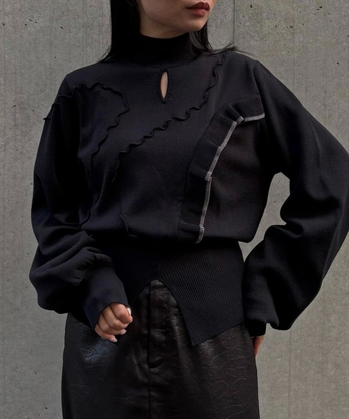 &g'aime(アンジェム)の「【&g'aime 】メロー×ラッフルMIXニット Lettuce-Edge Ruffle Mix Knit(ニット/セーター・レディース・ブラック/グレイッシュベージュ/チャコールグレー・FREE)」の1枚目の写真