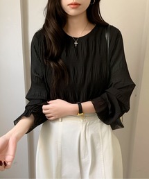 【26年春夏新作】ワッシャープリーツ袖フリルクルーネックシアーブラウス　UV対策
