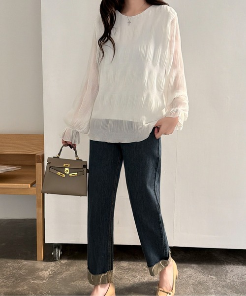 Maison Calme(メゾンカルム)の「【26年春夏新作】ワッシャープリーツ袖フリルクルーネックシアーブラウス UV対策(シャツ/ブラウス・レディース・サックスブルー/ブラック/オートミール/ホワイト・F)」の21枚目の写真