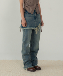 STUD DENIM SKIRT LAYERED PANTS  (BLUE)