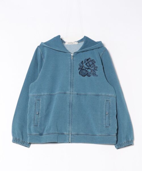 コットンストレッチインレイデニム フラワーボーラー刺繍フーディ