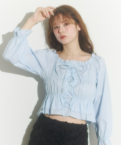 Olu.（オルドット）の「レースアップリボンブラウス（シャツ/ブラウス・レディース・ホワイト/ピンク/ブラック/ブルー・FREE）」の3枚目の写真