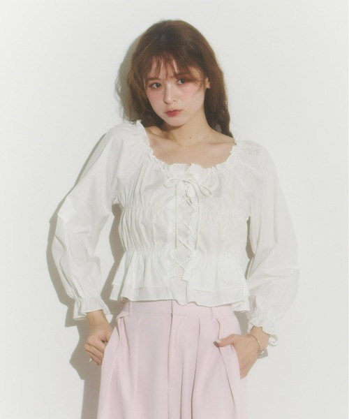 Olu.（オルドット）の「レースアップリボンブラウス（シャツ/ブラウス・レディース・ホワイト/ピンク/ブラック/ブルー・FREE）」の5枚目の写真