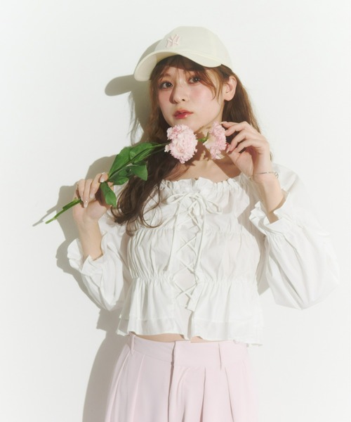 Olu.（オルドット）の「レースアップリボンブラウス（シャツ/ブラウス・レディース・ホワイト/ピンク/ブラック/ブルー・FREE）」の6枚目の写真