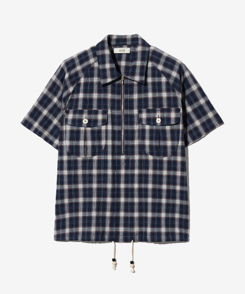 ECORR(エコル)の「チェック半袖ハーフジップシャツ_ネイビー(シャツ/ブラウス・メンズ・その他・M/L/3)」の1枚目の写真