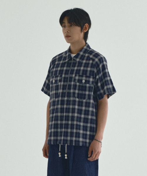 ECORR(エコル)の「チェック半袖ハーフジップシャツ_ネイビー(シャツ/ブラウス・メンズ・その他・M/L/3)」の3枚目の写真