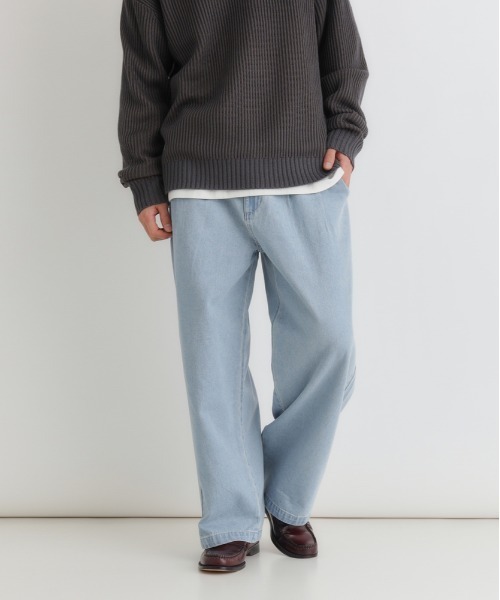 BACK NUMBER(バックナンバー)の「【BACK NUMBER】デニムワイドスラックス (ウォッシュ加工/タックパンツ/オンオフ兼用)(デニムパンツ・メンズ・ライトインディゴブルー/ダークインディゴブルー/ブラック・S/M/L/XL)」の4枚目の写真