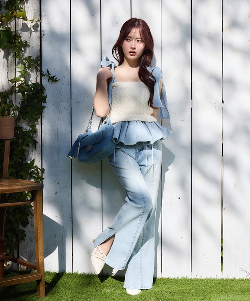 NICE CLAUP ラメプリントストレッチデニムパン ツ セール】【Denim Collection】フロントリボンデニムパンツ（デニム