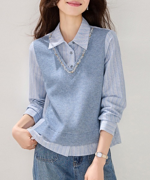 ONEP STAR(ワンピスター)の「ネックアクセ風レイヤードトップス(シャツ/ブラウス・レディース・ブルー・MEDIUM/LARGE/X-LARGE)」の2枚目の写真