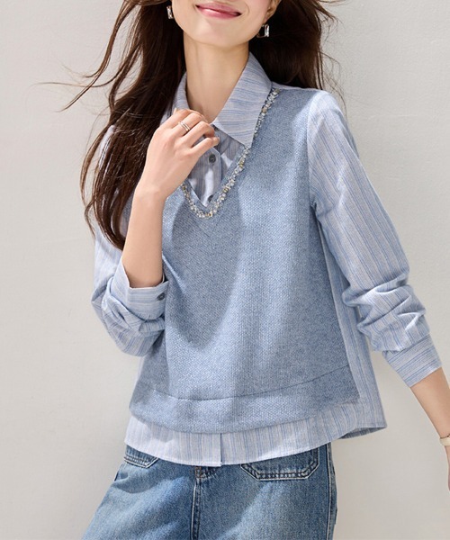 ONEP STAR(ワンピスター)の「ネックアクセ風レイヤードトップス(シャツ/ブラウス・レディース・ブルー・MEDIUM/LARGE/X-LARGE)」の3枚目の写真