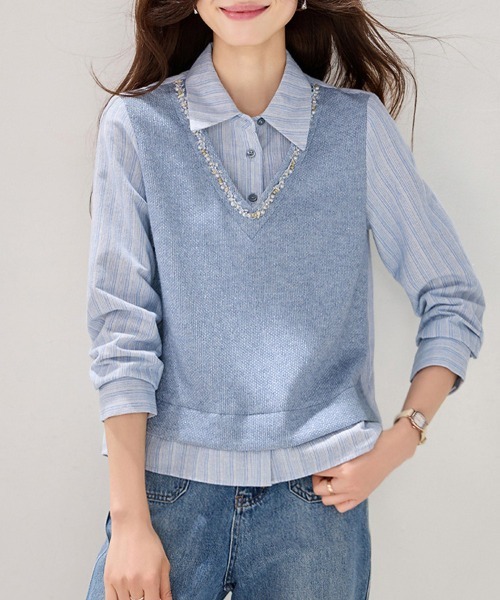 ONEP STAR(ワンピスター)の「ネックアクセ風レイヤードトップス(シャツ/ブラウス・レディース・ブルー・MEDIUM/LARGE/X-LARGE)」の5枚目の写真
