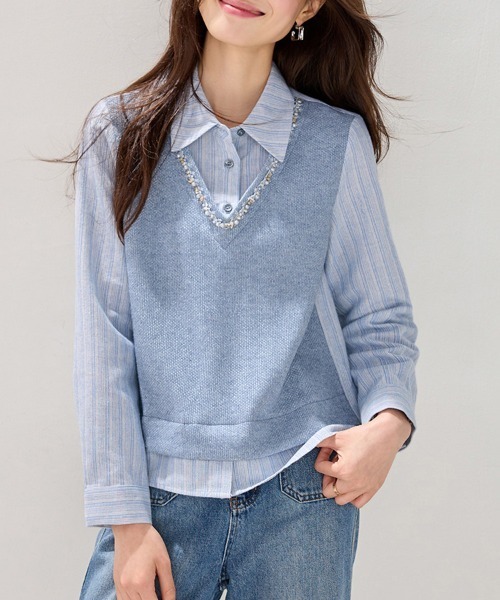 ONEP STAR(ワンピスター)の「ネックアクセ風レイヤードトップス(シャツ/ブラウス・レディース・ブルー・MEDIUM/LARGE/X-LARGE)」の6枚目の写真