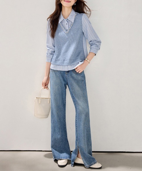 ONEP STAR(ワンピスター)の「ネックアクセ風レイヤードトップス(シャツ/ブラウス・レディース・ブルー・MEDIUM/LARGE/X-LARGE)」の7枚目の写真