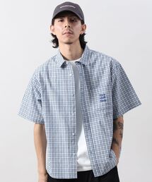 【FFEIN(フェイン)】アソートワンポイント刺繍半袖チェックラウンドシャツ / レギュラーカラー 半袖 レイヤード ポケット