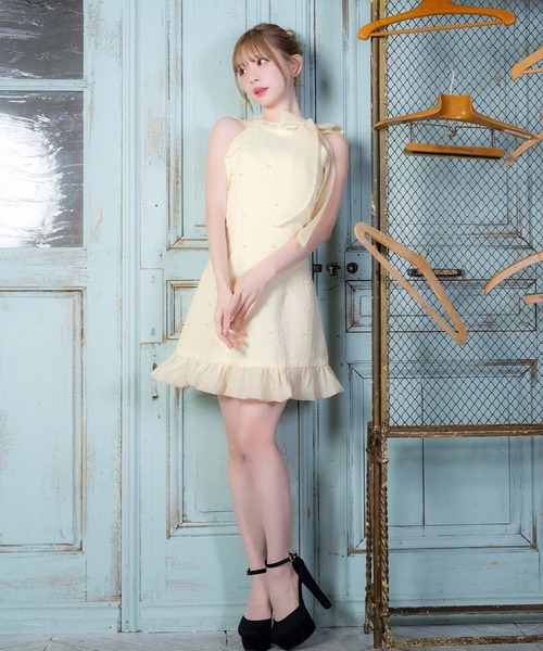 Tika(ティカ)の「キャバドレス ミニ フレア ドット リボン ハイネック フラワービジュー パール 裾フリル ノースリーブドレス ワンピース キャバワンピ(ワンピース・レディース・ブラック/アイボリー・M/L)」の9枚目の写真