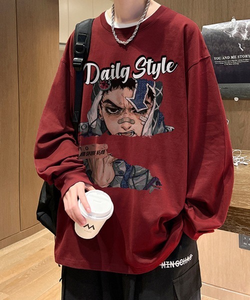 KELVIN（ケルヴァン）の「Graphic Print Oversized Long Sleeve Tee  グラフィックプリント オーバーサイズTシャツ(ロンT)（Tシャツ/カットソー・メンズ・ホワイト/バーガンディー/ブラック・MEDIUM/LARGE）」の4枚目の写真