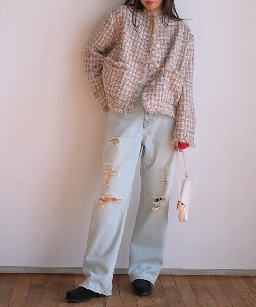 AKTE（アクテ）の「ノーカラーツイードジャケット（ノーカラージャケット・レディース・ベージュ系/ブラック系・2/1）」の5枚目の写真