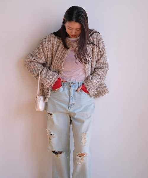 AKTE（アクテ）の「ノーカラーツイードジャケット（ノーカラージャケット・レディース・ベージュ系/ブラック系・2/1）」の7枚目の写真