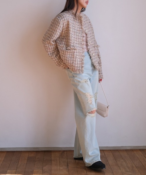 AKTE（アクテ）の「ノーカラーツイードジャケット（ノーカラージャケット・レディース・ベージュ系/ブラック系・2/1）」の9枚目の写真