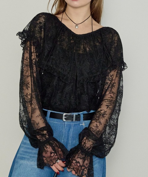 enhaut（アンオート）の「フラワー レース フリル ブラウス（シャツ/ブラウス・レディース・ブラック/ホワイト・FREE）」の2枚目の写真