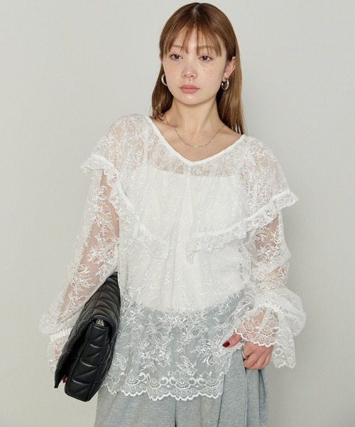 enhaut（アンオート）の「フラワー レース フリル ブラウス（シャツ/ブラウス・レディース・ブラック/ホワイト・FREE）」の3枚目の写真