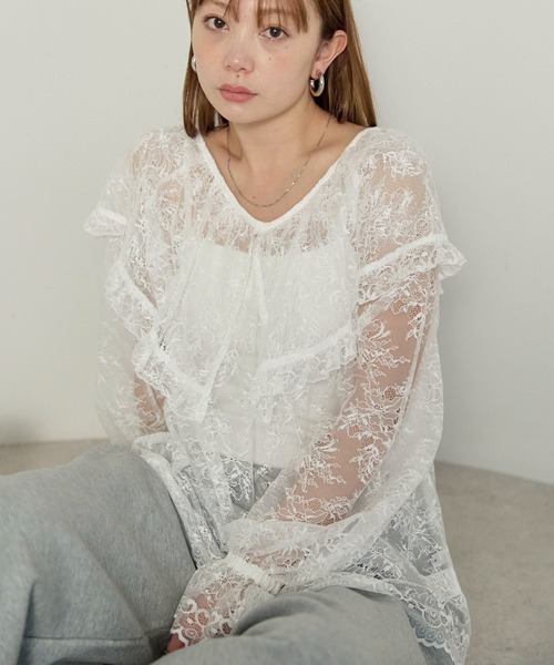 enhaut（アンオート）の「フラワー レース フリル ブラウス（シャツ/ブラウス・レディース・ブラック/ホワイト・FREE）」の16枚目の写真