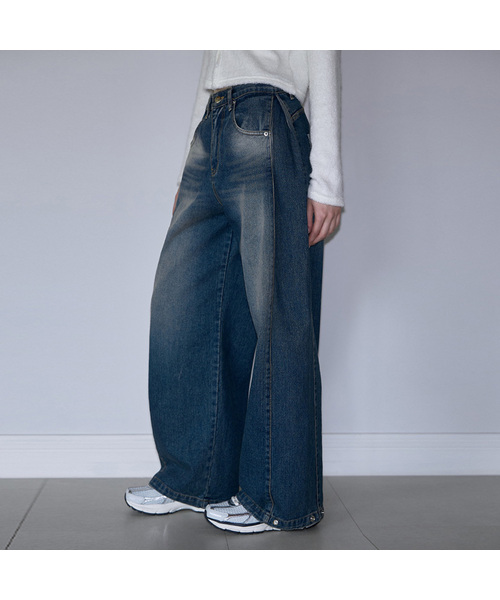 パンツ TUCK WIDE DENIM PANTS セール】Side Tuck Wide Denim Pants [Deep Blue]（デニムパンツ