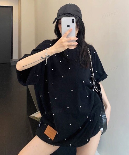 Dalfwin(ダールフィン)の「韓国ファッション RICECAKEラベル付きシルバースタッズ半袖Tシャツ(Tシャツ/カットソー・レディース・ホワイト/ブラック・FREE)」の19枚目の写真